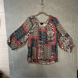 Jones & Co. Red and Black Graphic Bohemian feel Puff Sleeve Blouse plus size